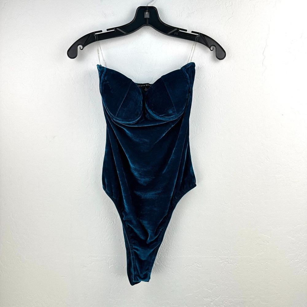 Haute Monde Bodysuit Womens L Blue Velvet One Piece Padded Underwired Stretch